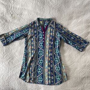 Global Desi Ikat Geometric Tunic Kurta L Blue Pink Roll Up Sleeve Boho India